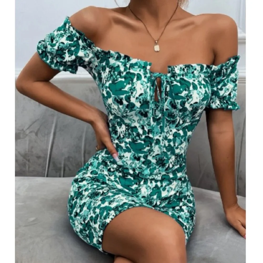 Boho green Floral Print Off Shoulder Bodycon Dress - Picture 1 of 16